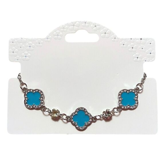 Elegant Blue Clover Rhinestone Silver Tone Bracelet - Picture 4 of 4